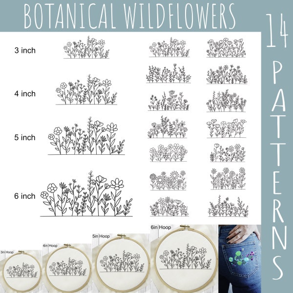 Botanical Wildflowers Hand Embroidery Designs, 14 Different Printable PDF Pattern Templates in 3" 4" 5" 6" Hoop Sizes ~ Instant Download