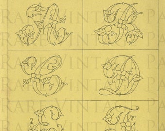 FRENCH FLORAL ALPHABET 8 Letters A-B-C-D-E-F-G-H Jpg 300 dpi Files A4 size with Reverse Image Printable Hand Embroidery Sewing Patterns