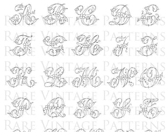 Floral FRENCH ALPHABET STENCIL A To Z Initials on one A4 page 4x Files Jpg Png Transparent and Reverse Images Hand Embroidery Sewing Pattern