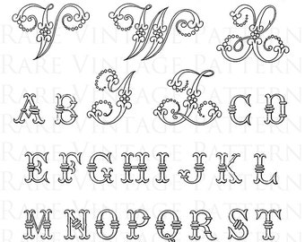 Fancy FRENCH ALPHABET STENCIL A To Z Initials on one A4 page 5 x Files Jpg Png Transparent and Reverse Images Hand Embroidery Sewing Pattern