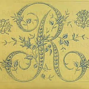 Antique Original FRENCH FLORAL ALPHABET Large Letter -R- Monogram Initial Hand Embroidery Sewing Pattern Stencil Printable Instant Download