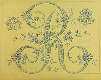 Antique Original FRENCH FLORAL ALPHABET Large Letter -R- Monogram Initial Hand Embroidery Sewing Pattern Stencil Printable Instant Download