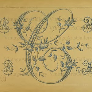 Antico originale FRANCESE ALFABETO FLOREALE Grande Lettera -C- Monogramma Ricamo iniziale a mano Modello di cucito Stencil Stampabile Download istantaneo