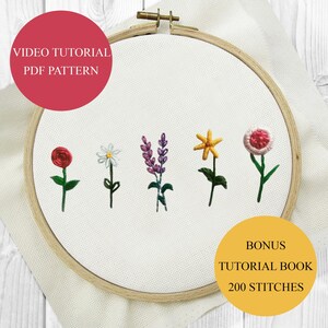 Easy Wildflower Embroidery Pattern + Step-by-Step Youtube Video Tutorial, beginner embroidery pdf pattern in 6 Hoop Sizes ~ Instant Download
