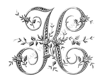SVG Vector File ~ Fancy FRENCH Floral ALPHABET Stencil Letter - K - Monogram Initial Image For Hand Embroidery Sewing Pattern ~ Scrapbooking