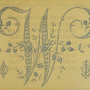 Antiguo original FRANCÉS ALFABETO FLORAL Letra grande -W- Monograma Bordado inicial a mano Patrón de costura Plantilla Imprimible Descarga instantánea
