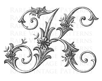 FRENCH ALPHABET #1 STENCIL Large Letter - K -Monogram Initial Png Transparent and Jpg White Background Images Hand Embroidery Sewing Pattern