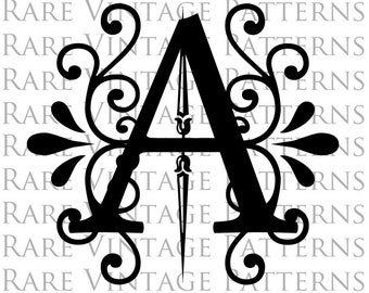 FANCY ALPHABET STENCIL Large Size Letter - A - Monogram Initial Png Transparent + White Jpg + Reverse Images Hand Embroidery Sewing Pattern