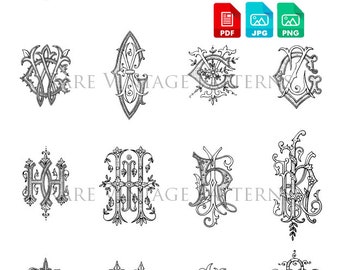 16 FRENCH MONOGRAMS STENCIL 5x Files Pdf Jpg Png Transparent + Reverse Mirror Images Embroidery Sewing Pattern Scrapbooking Instant Download
