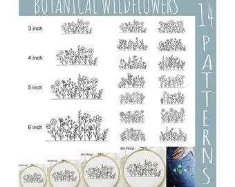 Botanical Wildflowers Hand Embroidery Designs, 14 Different Printable PDF Pattern Templates in 3" 4" 5" 6" Hoop Sizes ~ Instant Download