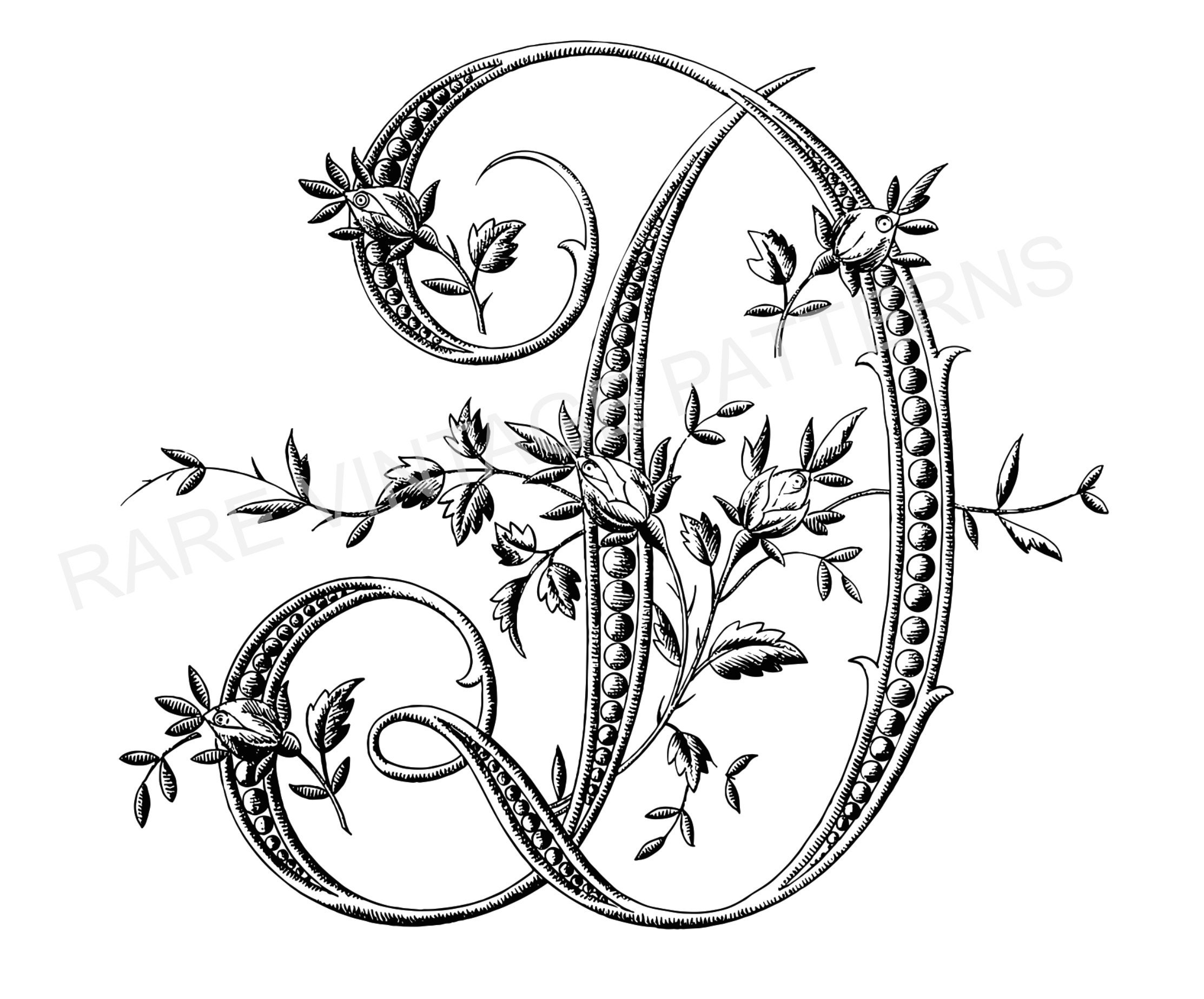 SVG Vector File ~ Fancy FRENCH Floral ALPHABET Stencil Letter - D - Monogram Initial Image For Hand Embroidery Sewing Pattern ~ Scrapbooking