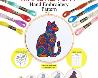 Mandala Cat Hand Embroidery Pattern ~ 6 Hoop Sizes ~ DMC Colors ~ 15 Stitch Tutorials ~ Project Planners ~ Transfer Guide ~ Instant Download