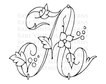 FLORAL ALPHABET STENCIL Large Letter - A - Monogram Initial Png Transparent and Jpg White Background Images Hand Embroidery Sewing Pattern