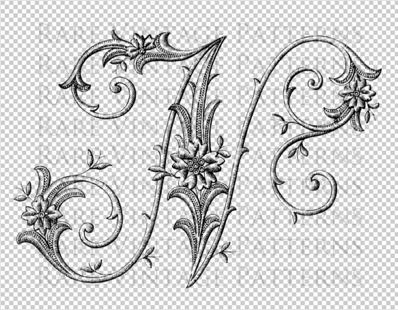 Monogram Initial Png Transparent and Jpg White Background Images Hand Embroidery Sewing Pattern N FRENCH ALPHABET #1 STENCIL Large Letter