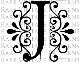 FANCY ALPHABET STENCIL Large Size Letter - J - Monogram Initial Png Transparent + White Jpg + Reverse Images Hand Embroidery Sewing Pattern