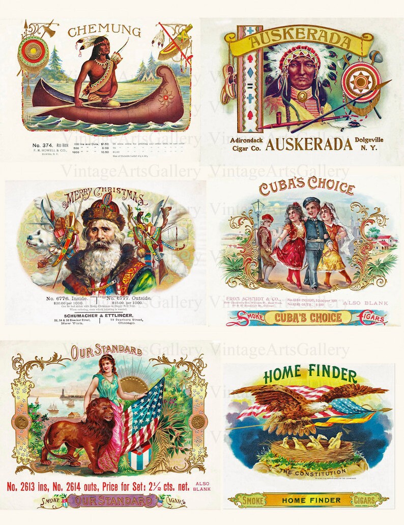 6 x vintage cigar box labels illustrations c1900 300dpi jpg a4 etsy
