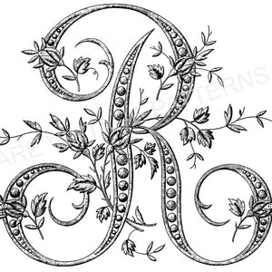 Fichier vectoriel SVG ~ lettre au pochoir ALPHABET floral français fantaisie - R - Image initiale monogramme pour motif de couture de broderie à la main ~ Scrapbooking