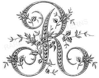 SVG Vector File ~ Fancy FRENCH Floral ALPHABET Stencil Letter - R - Monogram Initial Image For Hand Embroidery Sewing Pattern ~ Scrapbooking