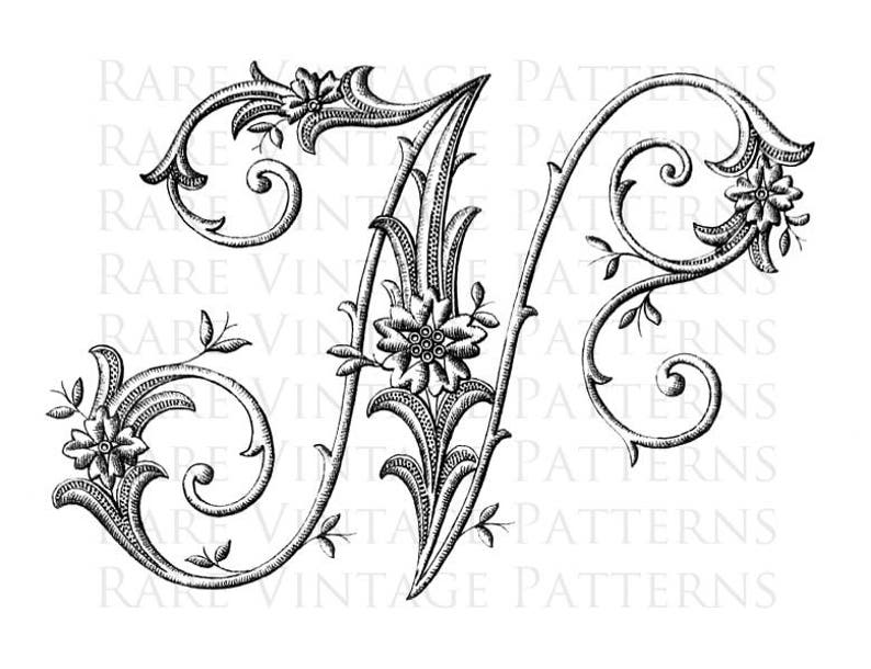Monogram Initial Png Transparent and Jpg White Background Images Hand Embroidery Sewing Pattern N FRENCH ALPHABET #1 STENCIL Large Letter