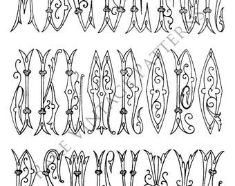 FRENCH ALPHABET STENCIL #2 A-Z Initials on one A4 pg 4xFiles Jpg Png Transparent and Reverse Images Hand Embroidery Pattern Instant Download