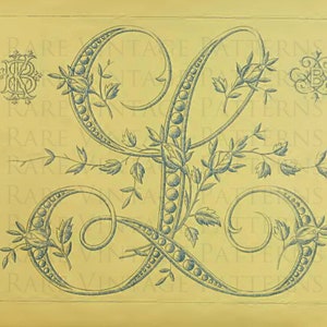 Antiguo original FRANCÉS ALFABETO FLORAL Letra grande -L- Monograma Bordado inicial a mano Patrón de costura Plantilla Imprimible Descarga instantánea