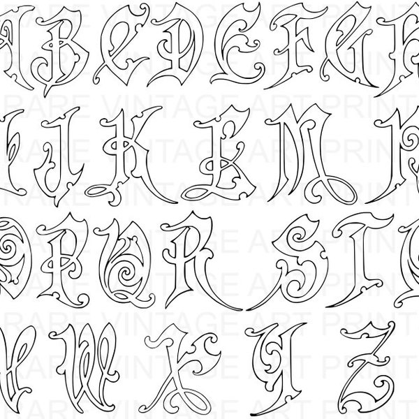FRANÇAIS Art Nouveau ALPHABET POCHOIR A à Z Initiales sur une page A4 5x Fichiers Pdf Jpg Png Transparent + Images inversées Motif de broderie à la main