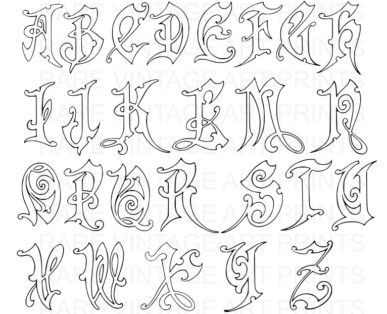 FRENCH Art Nouveau ALPHABET STENCIL A to Z Initials on One