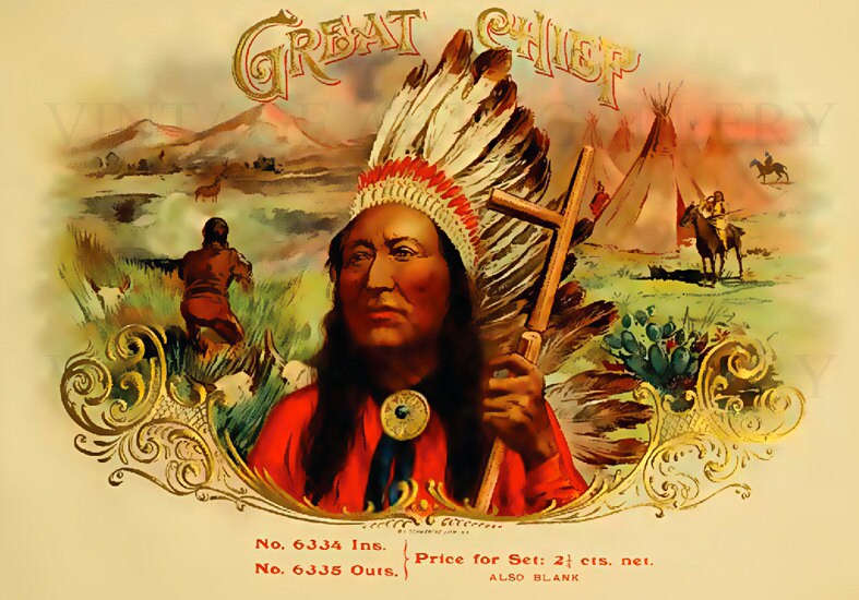 antique cigar box label illustration great chief 1905 etsy