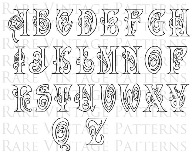 1800s Art Nouveau 2 Inch Uppercase + Lowercase Set Alphabet Letter Stencils  - SL192-UL2I - Stencil Letters Org