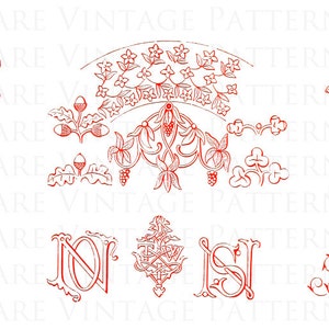 Antique FRENCH MONOGRAMS and FLORALS Stencil 5 x Files Jpg Png Transparent and Reverse Hand Embroidery Redwork Sewing Instant Download