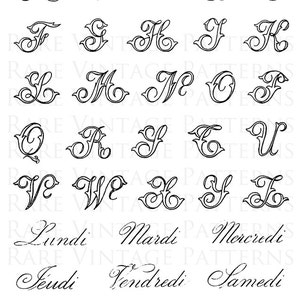 Antique Fancy 25 Letter ALPHABET + FRENCH Days of The Week 5xFiles Jpg Png Transparent +Reverse Mirror Images Hand Embroidery Sewing Pattern