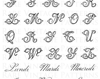 Antique Fancy 25 Letter ALPHABET + FRENCH Days of The Week 5xFiles Jpg Png Transparent +Reverse Mirror Images Hand Embroidery Sewing Pattern