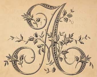 Antique FRENCH FLORAL ALPHABET Large Letter - A - Initial On Parchment Background 300 dpi 8.5x11 jpg Hand Embroidery Sewing Pattern Stencil