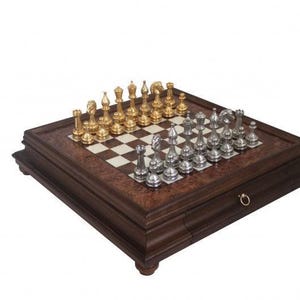 Real Gold & Silver Plated Metal Chess Pieces with Elm Briar Wood Chessboard