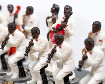 JAZZ VS ROCK: Handpainted Chess Set with Black Glossy Wooden Chessboard