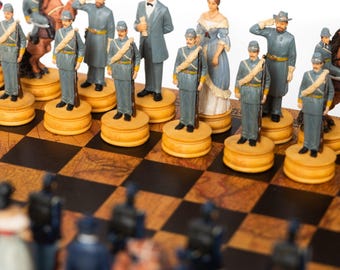 CIVIL WAR: Handpainted Chess Set with Beautiful Leatherette Chessboard