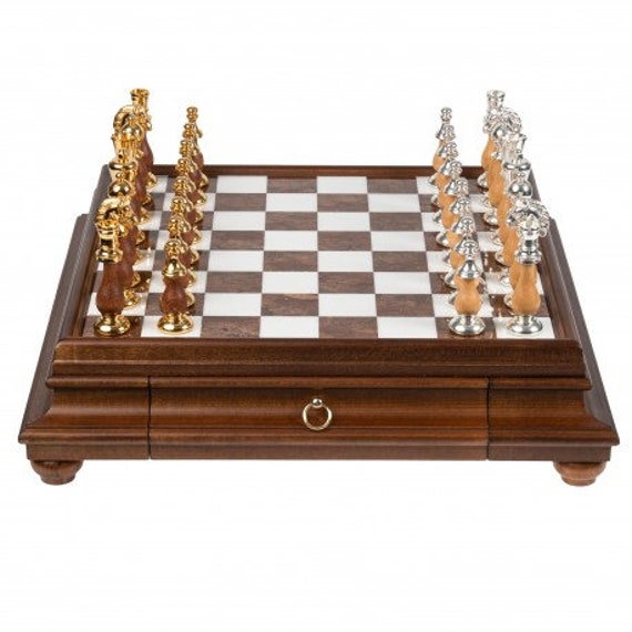 Solid Brass Pieces and Chess Table with Inlaid Briar Elm Board - Chessmove