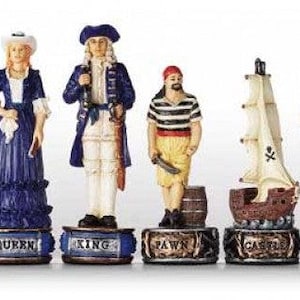 May include: A complete chess set featuring intricately detailed figurines. The pieces are designed with a historical theme, including soldiers, ships, and figures in period clothing. The set includes pawns, a rook, knights, bishops, a queen, and a king.