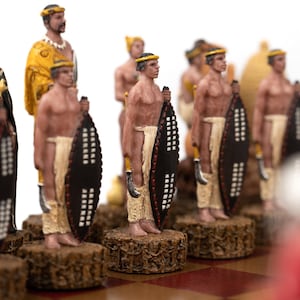 BRITISH VS ZULU: Handpainted Chess Set with Chessboard & Box Plus Checker Set