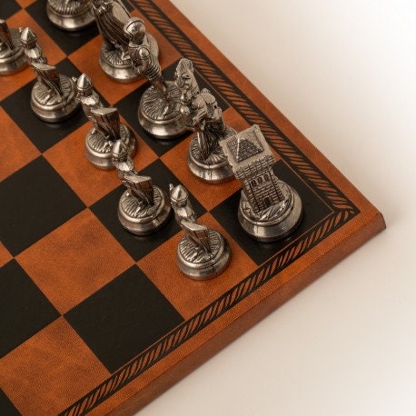 Medieval Style Metal Chess Set With Beautiful Leatherlike Box