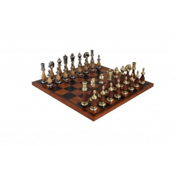 Solid Brass Pieces and Chess Table with Inlaid Briar Elm Board - Chessmove