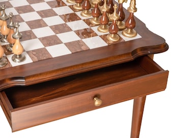 LARGE Solid Brass/Wood Chess Set with Beautiful Wood Alabaster Chess Table