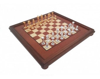 Shiny Gold/Silver Solid Brass Chess with Root of Madrona Wood Chessboard