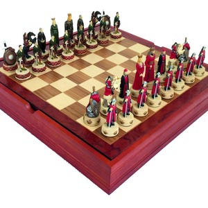 ENGLAND VS SCOTLAND: Handpainted Chess Set with Wooden Chessboard & Box