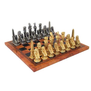 EGYPTIAN Metal Chess Set with Leatherette Chessboard