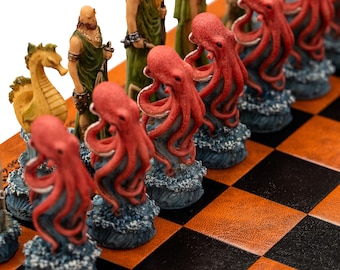 WATER vs FIRE: Beautiful Handpainted Chess with Quality Leatherette Chessboard