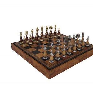 ARABIC STYLE SET: Metal & Wood Chess Pieces with Leatherette Chessboard/Box