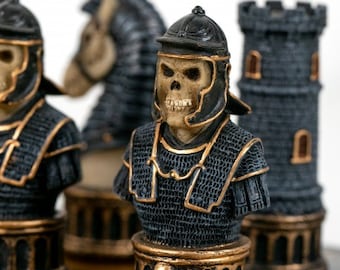 SKELETON Warriors: Unique Handpainted Chess Set with Leatherette Chessboard