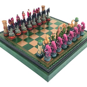 WATER vs FIRE: Handpainted Chess with Quality Leatherette Chessboard & Box + Checker Set