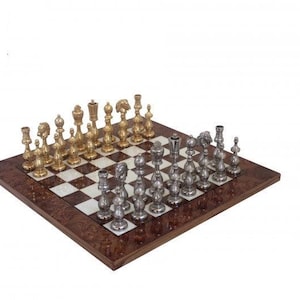 Gold & Silver Plated Solid Metal Chess Pieces with Elm Briar Wood Chessboard